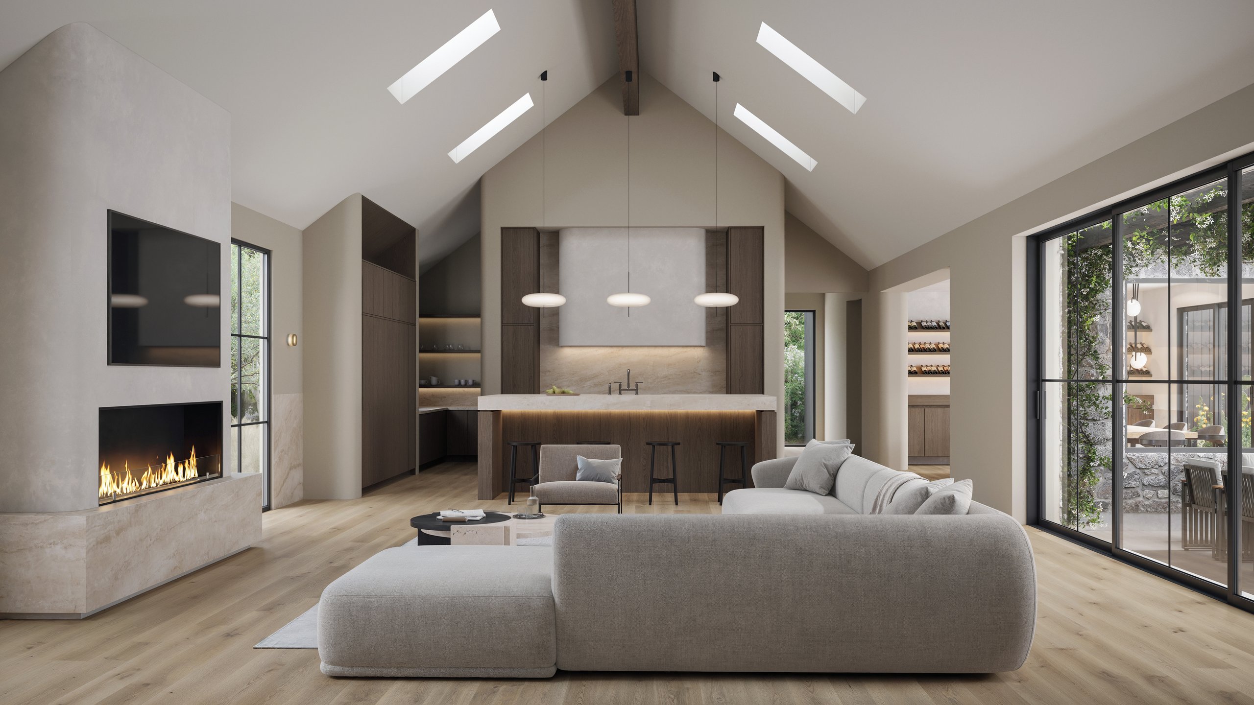 Vaulted Norte living space and kitchen beneath skylights, shown in an architectural rendering