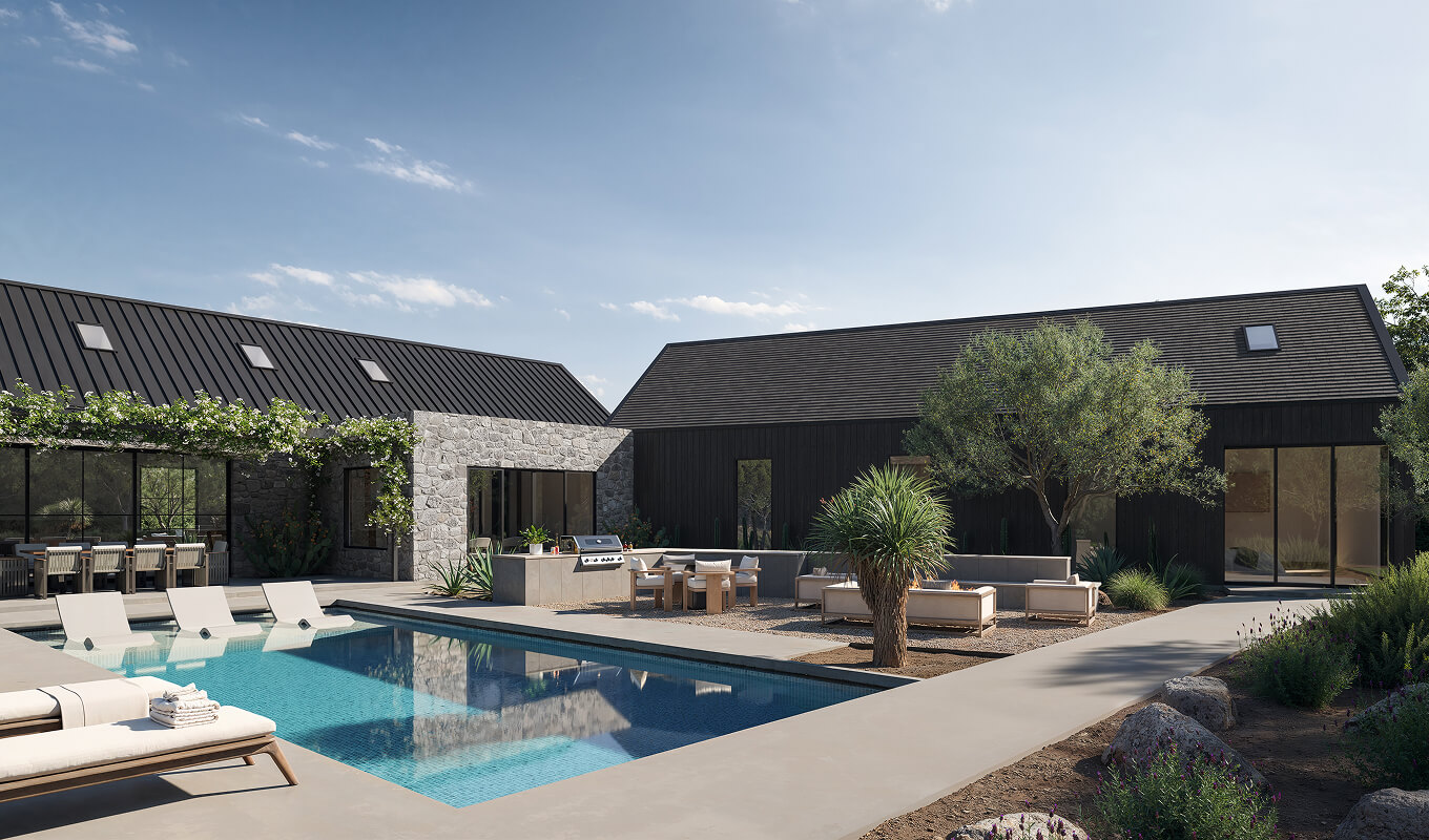 Norte courtyard and pool framed by connected gabled volumes, shown in an architectural rendering